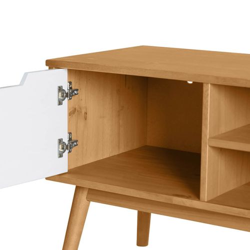 Meuble TV 2 Portes Bois Massif, Blanc Et Gris - Maras