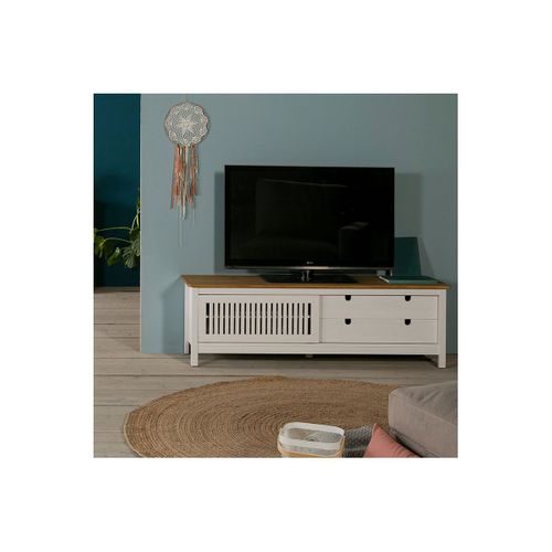 Meuble TV 1 Porte Coul. 2 Tiroirs Bois Ciré Et Blanc - Malia
