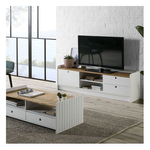 Meuble TV 1 Porte Coul. 2 Tiroirs Bois Et Blanc - Carla