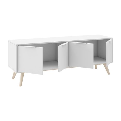 Meuble TV 4 Portes Scandinave Mdf Et Pin Massif Naturel Et Blanc - Blajk