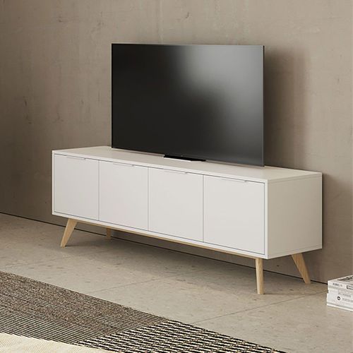 Meuble TV 4 Portes Scandinave Mdf Et Pin Massif Naturel Et Blanc - Blajk