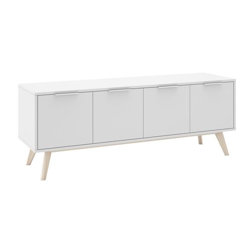 Meuble TV 4 Portes Scandinave Mdf Et Pin Massif Naturel Et Blanc - Blajk