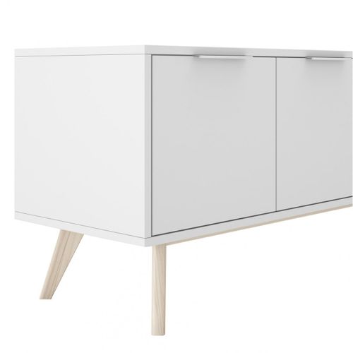 Meuble TV 4 Portes Scandinave Mdf Et Pin Massif Naturel Et Blanc - Blajk