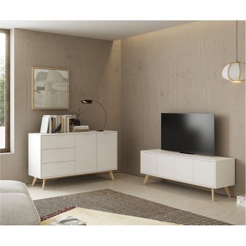 Meuble TV 4 Portes Scandinave Mdf Et Pin Massif Naturel Et Blanc - Blajk