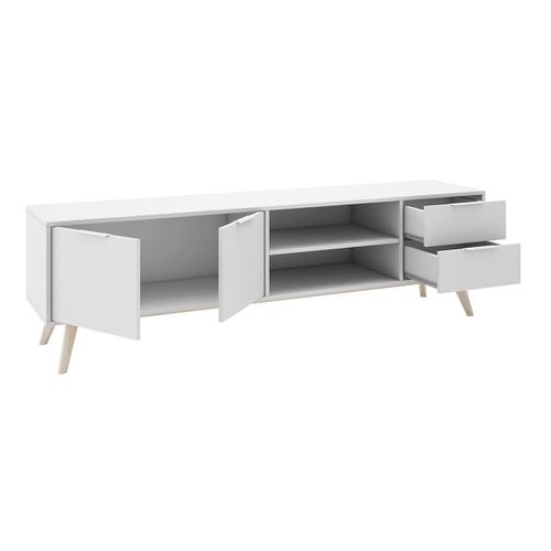 Meuble TV 180cm 2 Portes 2 Tiroirs Scandinave Mdf Et Pin Massif Naturel Et Blanc - Blajk