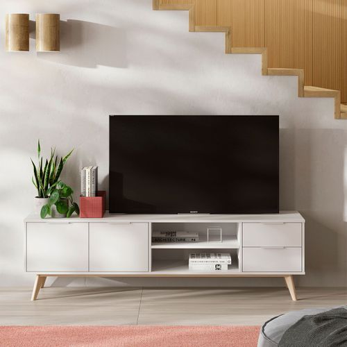 Meuble TV 180cm 2 Portes 2 Tiroirs Scandinave Mdf Et Pin Massif Naturel Et Blanc - Blajk