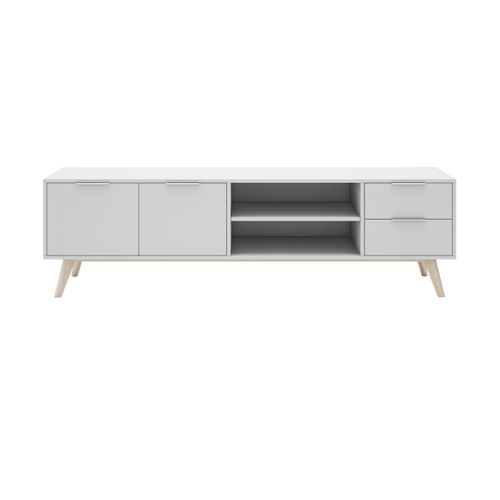 Meuble TV 180cm 2 Portes 2 Tiroirs Scandinave Mdf Et Pin Massif Naturel Et Blanc - Blajk