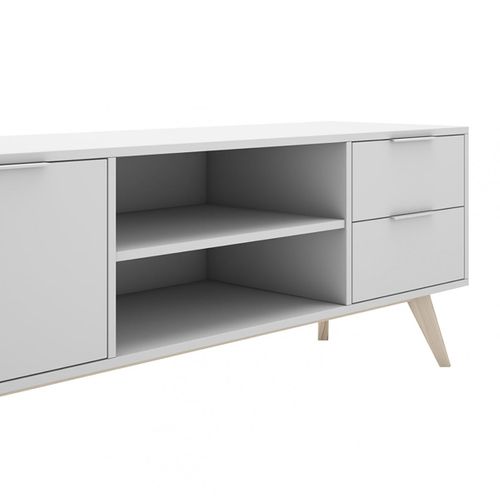 Meuble TV 180cm 2 Portes 2 Tiroirs Scandinave Mdf Et Pin Massif Naturel Et Blanc - Blajk