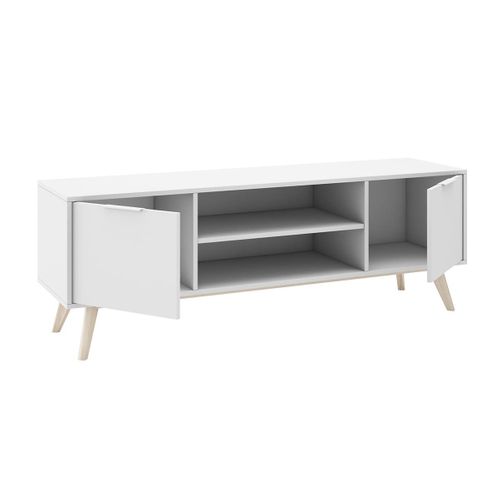 Meuble TV 140cm 2 Portes Scandinave Mdf Et Pin Massif Naturel Et Blanc - Blajk