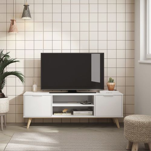 Meuble TV 140cm 2 Portes Scandinave Mdf Et Pin Massif Naturel Et Blanc - Blajk