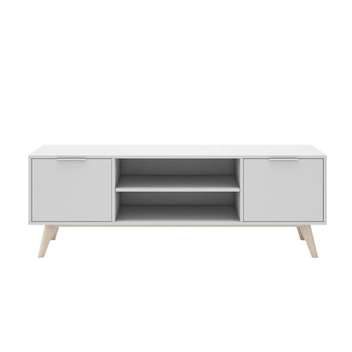Meuble TV 140cm 2 Portes Scandinave Mdf Et Pin Massif Naturel Et Blanc - Blajk