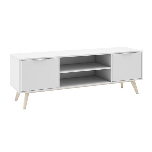Meuble TV 140cm 2 Portes Scandinave Mdf Et Pin Massif Naturel Et Blanc - Blajk