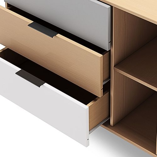 Buffet 165cm 2 Portes 3 Tiroirs Scandinave Pin Massif Gris, Blanc Et Effet Chêne - Borgh