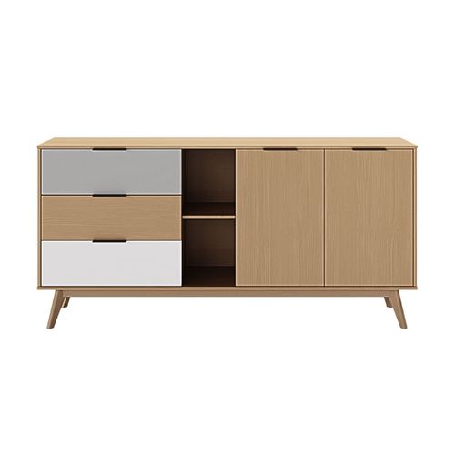 Buffet 165cm 2 Portes 3 Tiroirs Scandinave Pin Massif Gris, Blanc Et Effet Chêne - Borgh