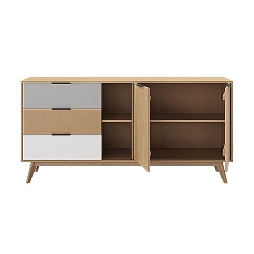 Buffet 165cm 2 Portes 3 Tiroirs Scandinave Pin Massif Gris, Blanc Et Effet Chêne - Borgh