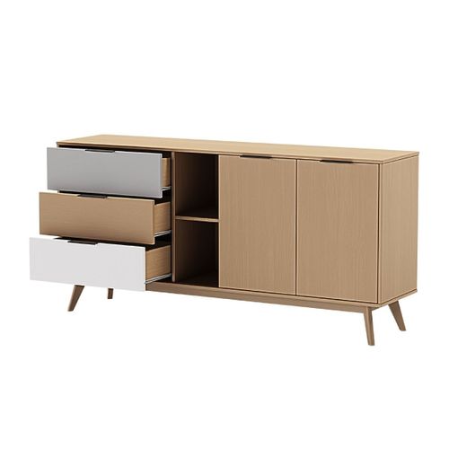 Buffet 165cm 2 Portes 3 Tiroirs Scandinave Pin Massif Gris, Blanc Et Effet Chêne - Borgh