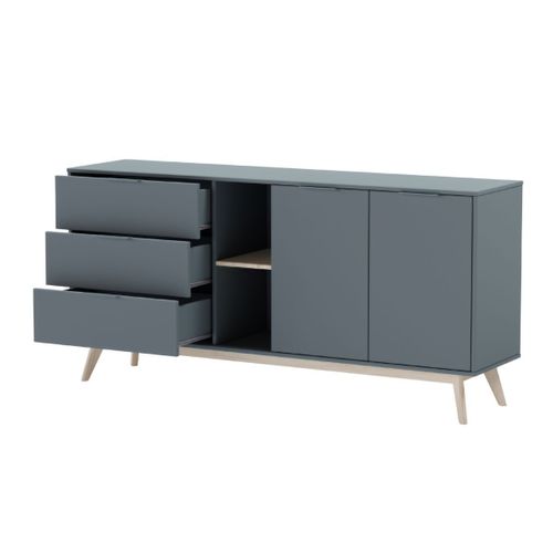 Buffet 165cm 2 Portes 3 Tiroirs Scandinave Mdf Et Pin Massif Gris Vert - Canaca