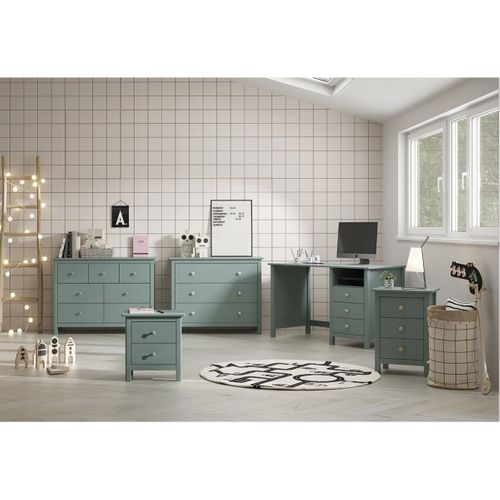 Bureau 3 Tiroirs En Pin Massif Vert Pétrole - Dava