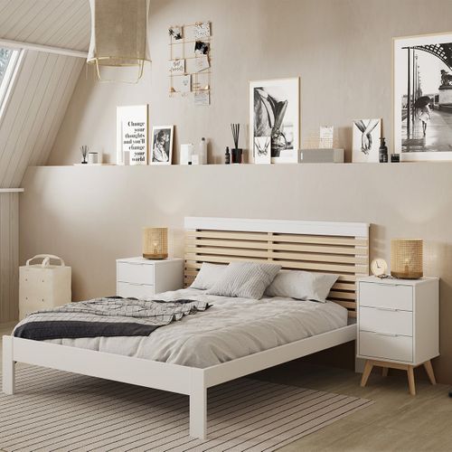 Pack Lit 140x190cm + 2 Chevets 3 Tiroirs Pin Naturel Et Blanc Scandinave - Laupell