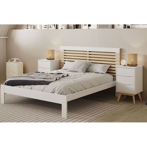 Pack Lit 140x190cm + 2 Chevets 3 Tiroirs Pin Naturel Et Blanc Scandinave - Laupell