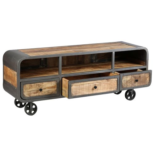 Meuble TV 3 Tiroirs Acier Et Bois Massif - Edwin