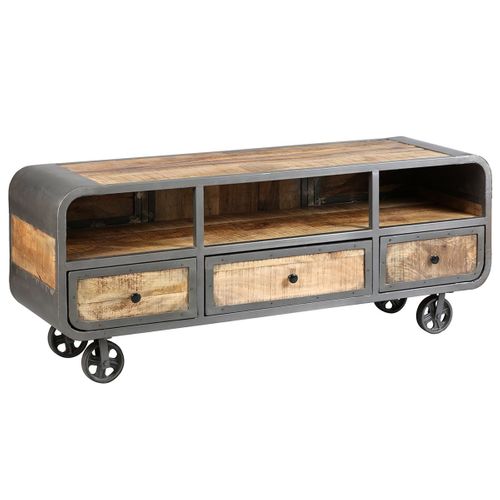 Meuble TV 3 Tiroirs Acier Et Bois Massif - Edwin