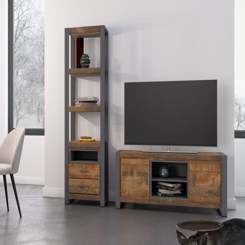 Etagère Multi-rangements Bois Et Acier Patiné - Palissa