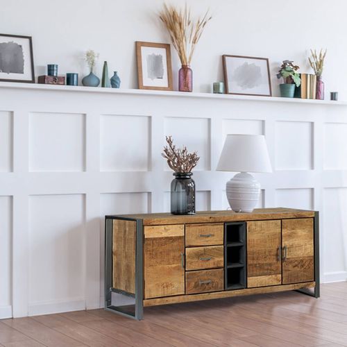 Buffet 3 Portes 3 Tiroirs Bois Et Acier Patiné - Palissa