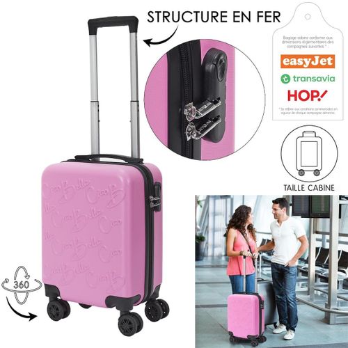 Valise Cabine Embossée Rose 29l Avec Coque Rigide Abs, Roues Pivotantes 360°, Cadenas à Code, Poign