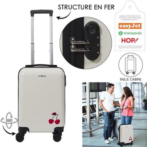 Valise Cabine Blanche Avec Une Cerise 28l Rigide En Polycarbonate Avec Roues Pivotantes 360° Et Cad