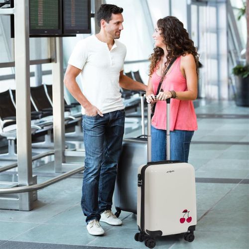 Valise Cabine Blanche Avec Une Cerise 28l Rigide En Polycarbonate Avec Roues Pivotantes 360° Et Cad