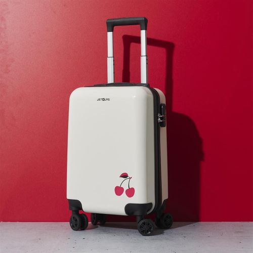 Valise Cabine Blanche Avec Une Cerise 28l Rigide En Polycarbonate Avec Roues Pivotantes 360° Et Cad