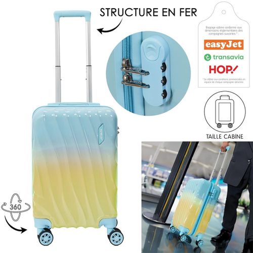 Valise Cabine Bicolore Bleu Et Jaune 35l Rigide En Abs Avec Roues Pivotantes 360° Et Cadenas Sécuri