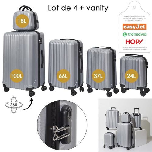 Lot De 5 Valises Rigides Argent (18l-100l) Avec Vanity, Roues Pivotantes 360°, Poignée De Traction