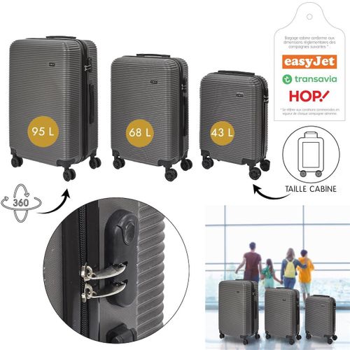 Valise Gris Foncé X3 - 43l, 68l, 95l, Coque Rigide, Roues Pivotantes 360°, Cadenas Sécurisé - Opal