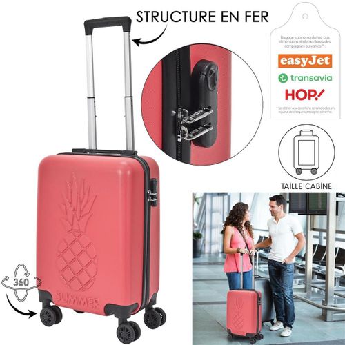 Valise Cabine Embossée Ananas Rouge Corail 33l -, Coque Rigide Abs, Roues Pivotantes 360°, Cadenas