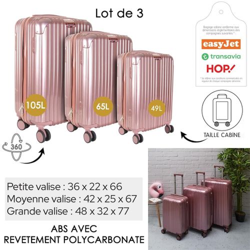 Lot De 3 Valises Rose - 49l 65l 105l, Coque Rigide En Polycarbonate, Roues Pivotantes 360° - Opal