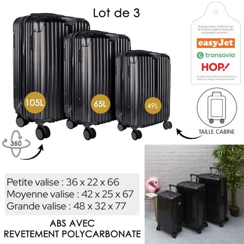 Lot De 3 Valises Noir - 49l 65l 105l, Coque Rigide En Polycarbonate, Roues Pivotantes 360°, Cadenas