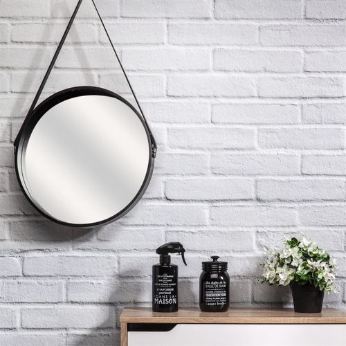 Miroir Rond Avec Anse Pu Noir Ø40 Cm - Abram