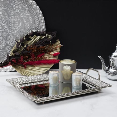 Plateau De Service Argenté Avec Miroir Et Poignées - Bovel