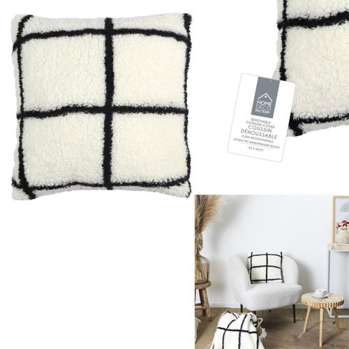 Coussin Sherpa Blanc Et Noir à Carreaux 40x40cm - Caro
