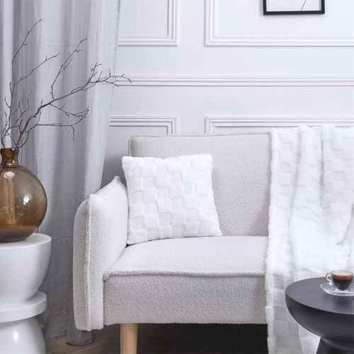 Coussin Flanelle Damier 40x40cm, Blanc Et Beige, Doux Et Confortable, Facile à Laver - Turin