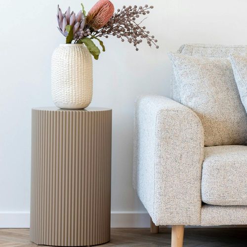 Bout De Canapé Design - Forme Ronde Striée, Beige Naturel Trinite