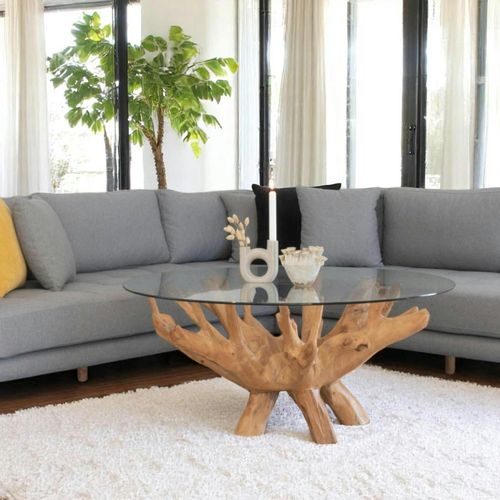 Table Basse Ronde En Racine De Teck Ø110 Cm - Plateau Verre Arizona