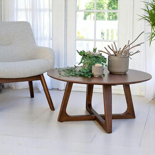 Table Basse Ronde Style Vintage - Pieds Croisés, Finition Noyer Lillehammer