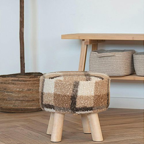 Tabouret Rond En Bois De Teck Brun En Fausse Fourrure - 4 Pieds Arizona