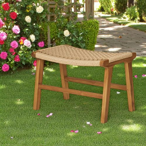 Tabouret Repose-pieds En Teck Et Fibre Naturelle Tressée Mendoza