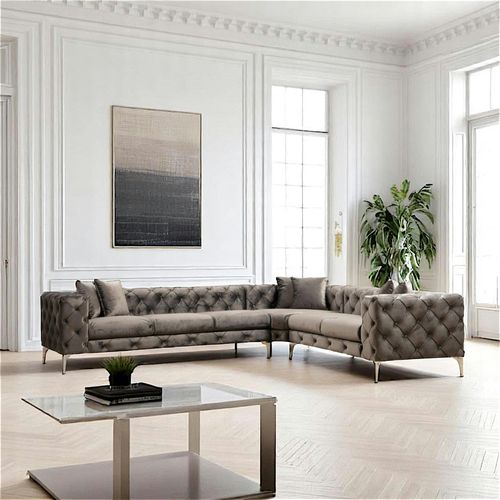 Canapé D'angle Gris En Velours Capitonné - Côté Droit Dover