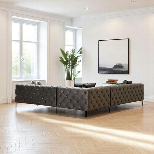 Canapé D'angle Gris En Velours Capitonné - Côté Droit Dover