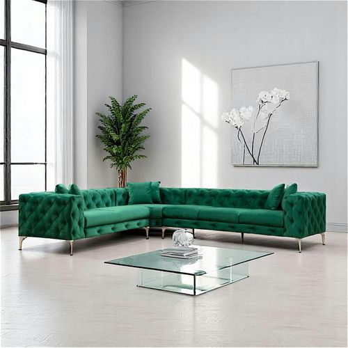 Canapé D'angle Vert En Velours Capitonné - Côté Gauche Dover